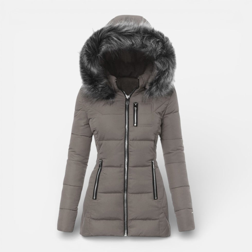 Women's Quilted Puffer Jacket with Faux Fur Hood