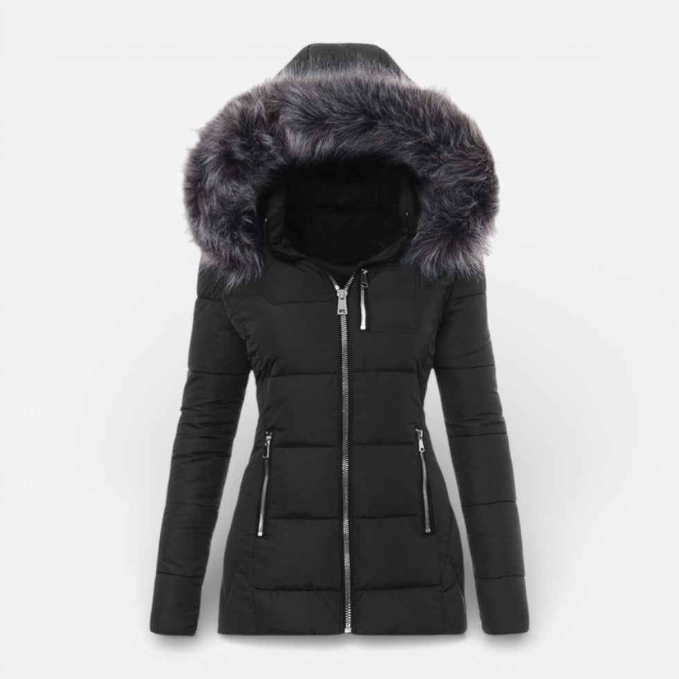 Women's Quilted Puffer Jacket with Faux Fur Hood