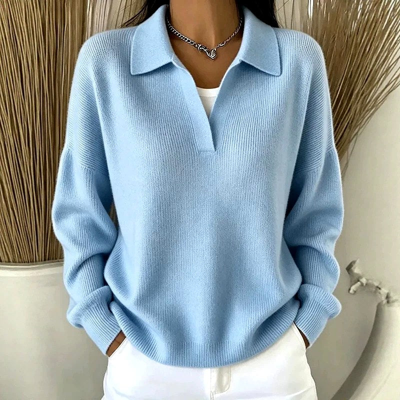 Women's Ribbed Polo Collar Loose Fit Sweater