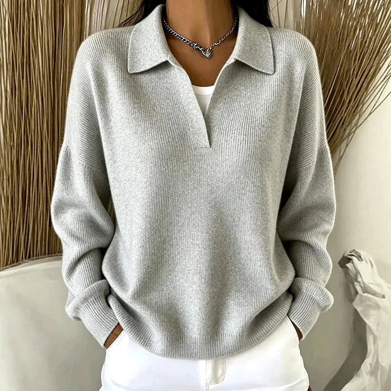Women's Ribbed Polo Collar Loose Fit Sweater