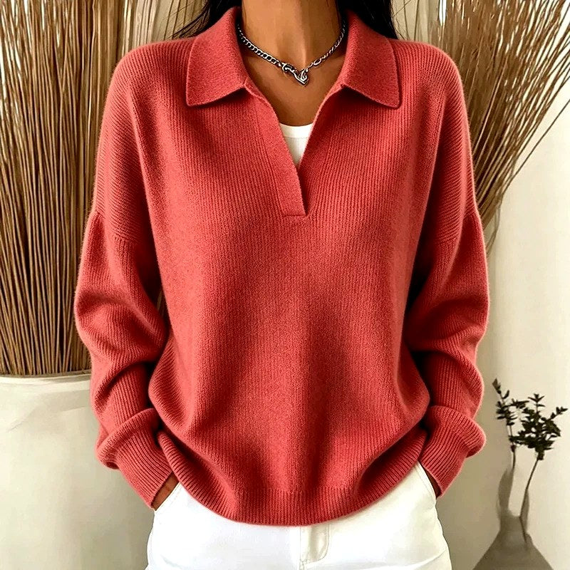 Women's Ribbed Polo Collar Loose Fit Sweater