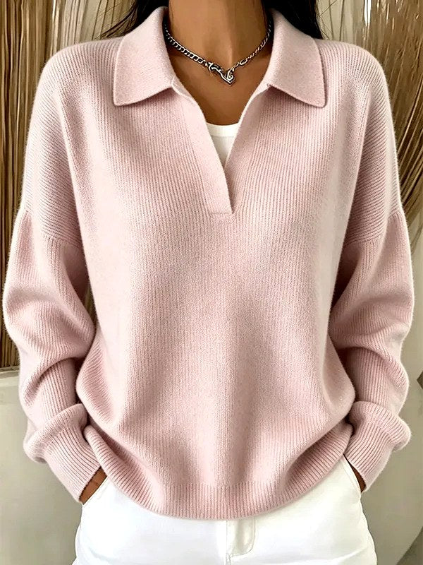 Women's Ribbed Polo Collar Loose Fit Sweater