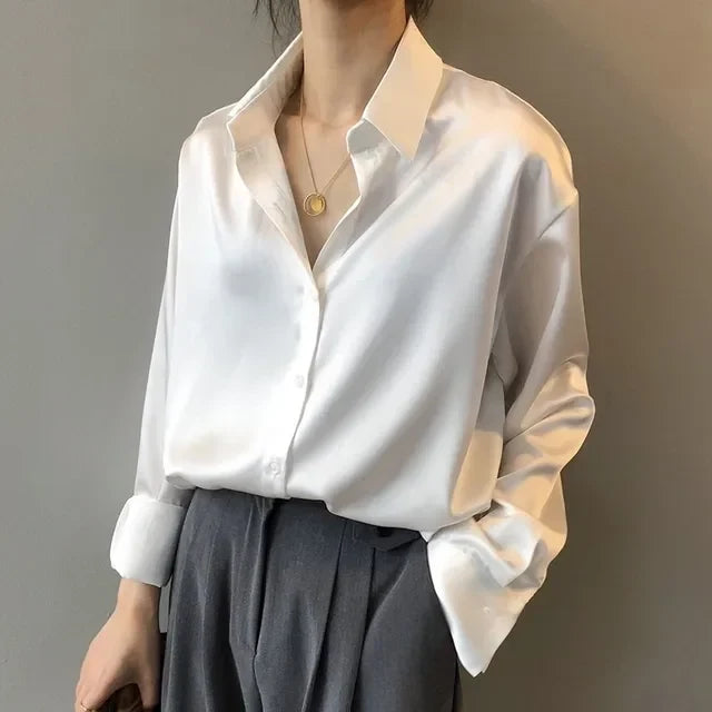Women's Fluid Satin Blouse with Structured Collar