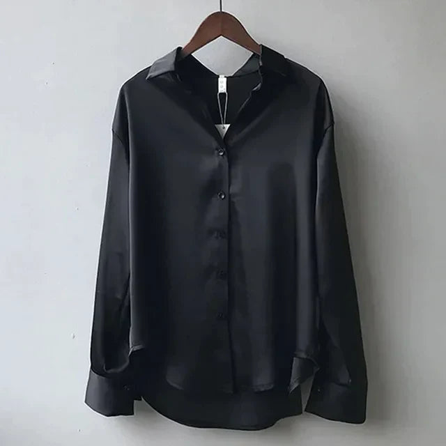 Women's Fluid Satin Blouse with Structured Collar | Long Sleeve, Fitted Cuffs | Sizes S to 2XL, 3 Colors