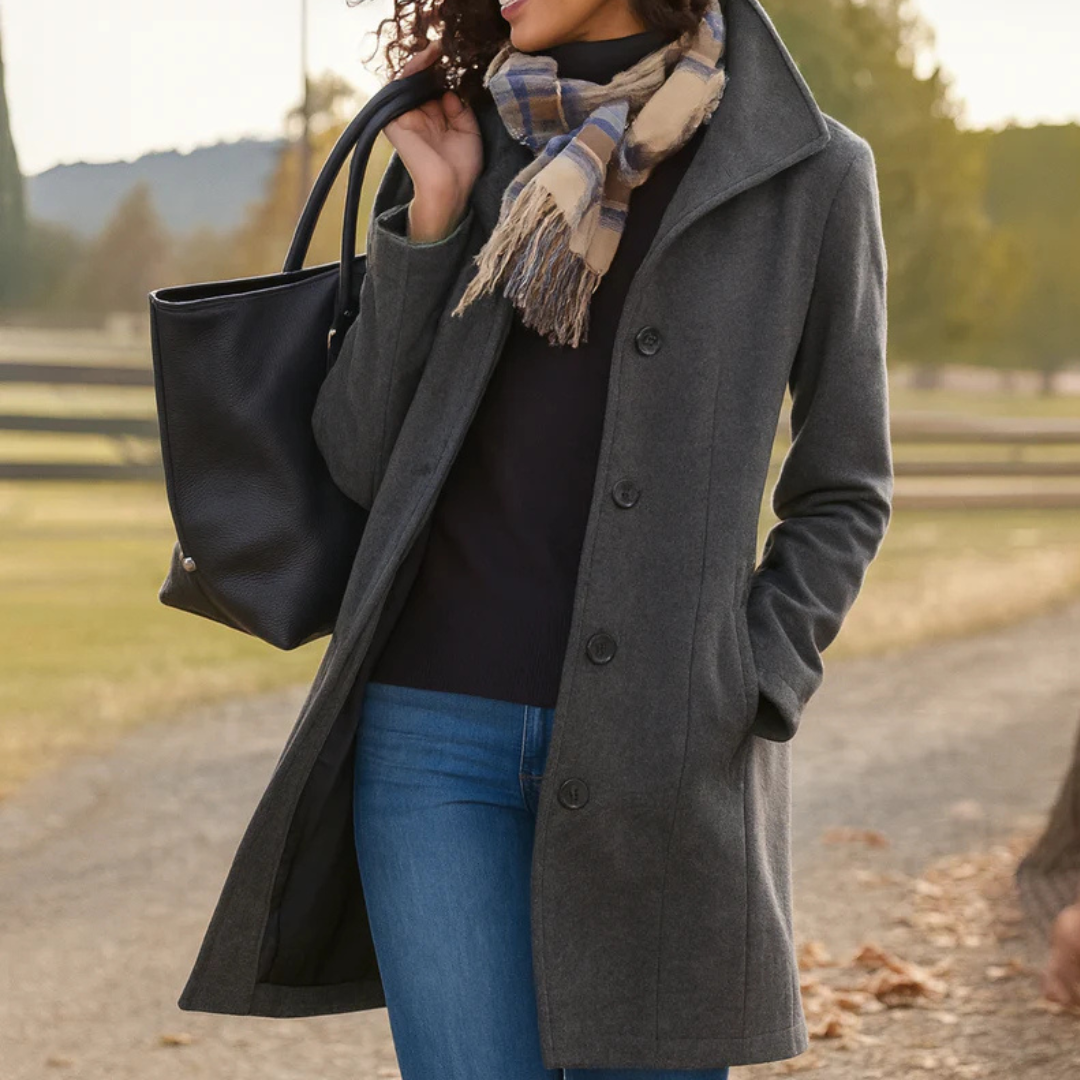 Women's Single-Breasted Wool Coat with Button Closure