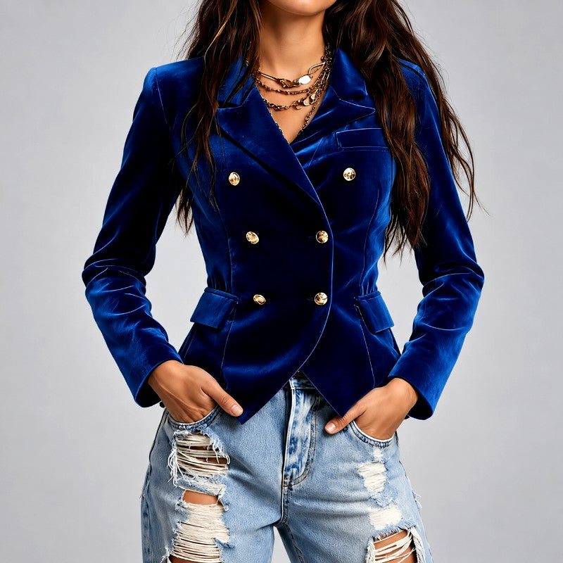 Women's Velvet Double-Breasted Fitted Blazer