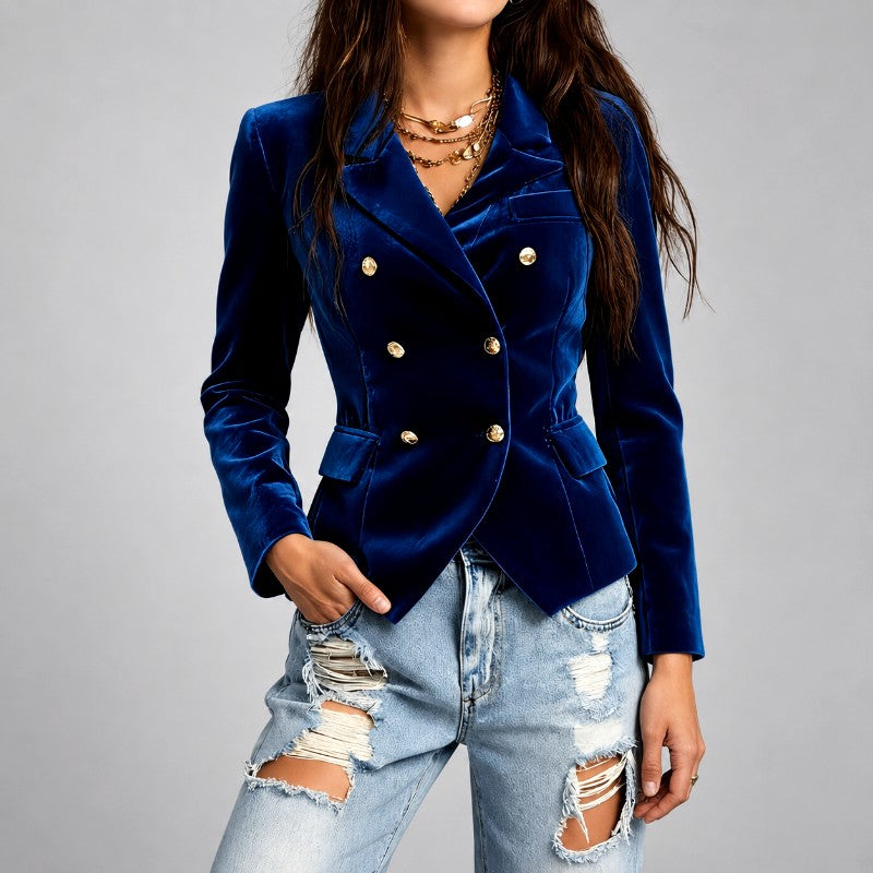 Women's Velvet Double-Breasted Fitted Blazer