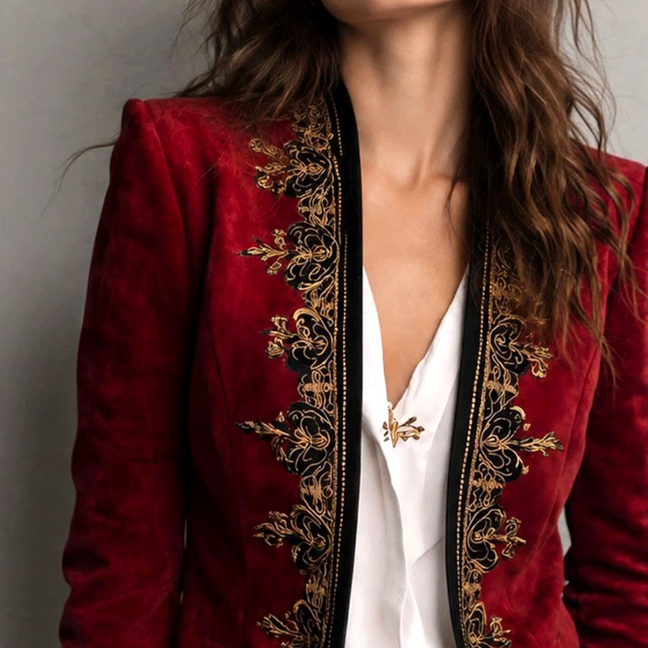 Women's Velvet Embroidered Open Front Blazer
