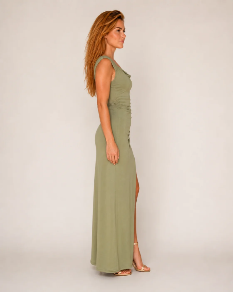 Women's Pleated Maxi Dress with High Slit