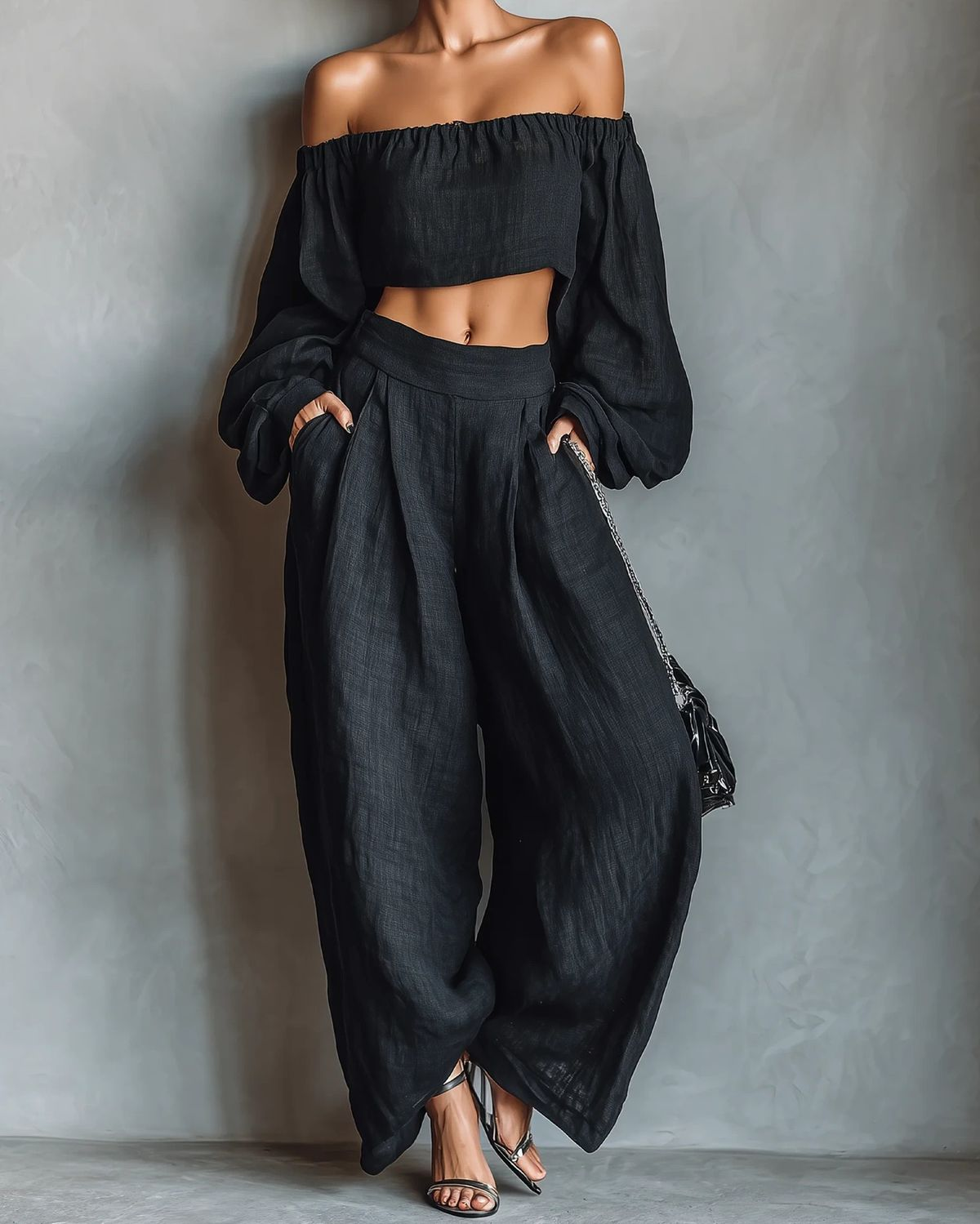 Linen-Blend Strapless-Style Top & Wide-Leg Pants Set