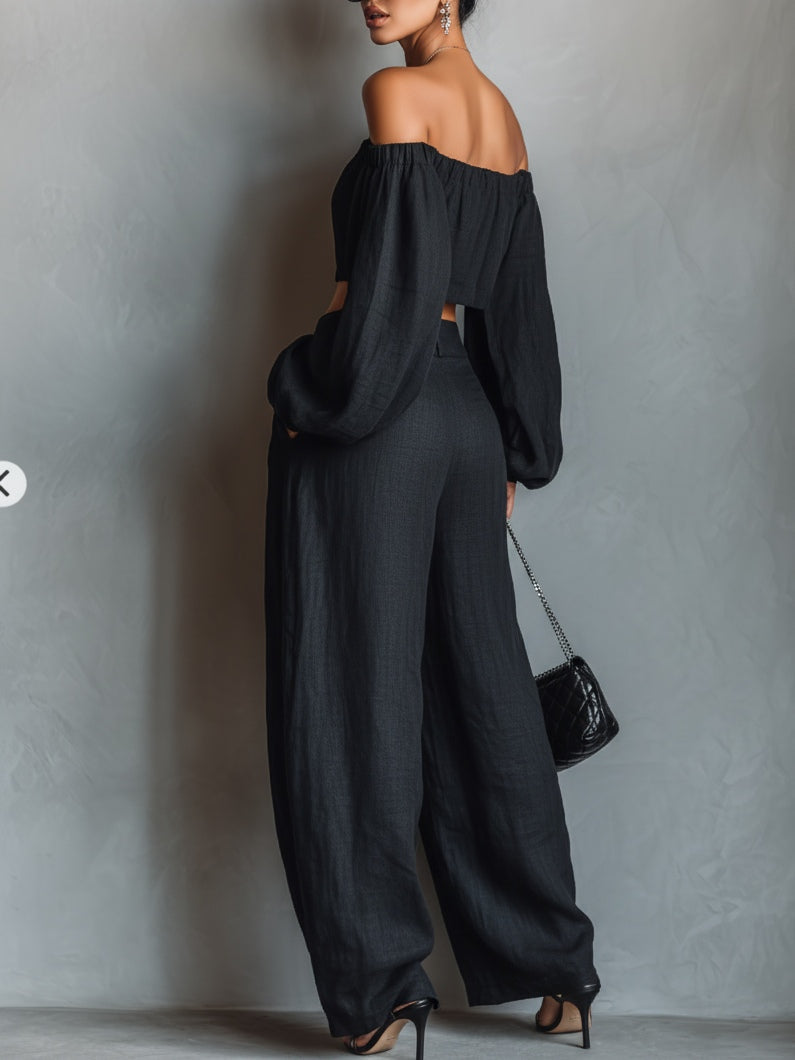 Linen-Blend Strapless-Style Top & Wide-Leg Pants Set