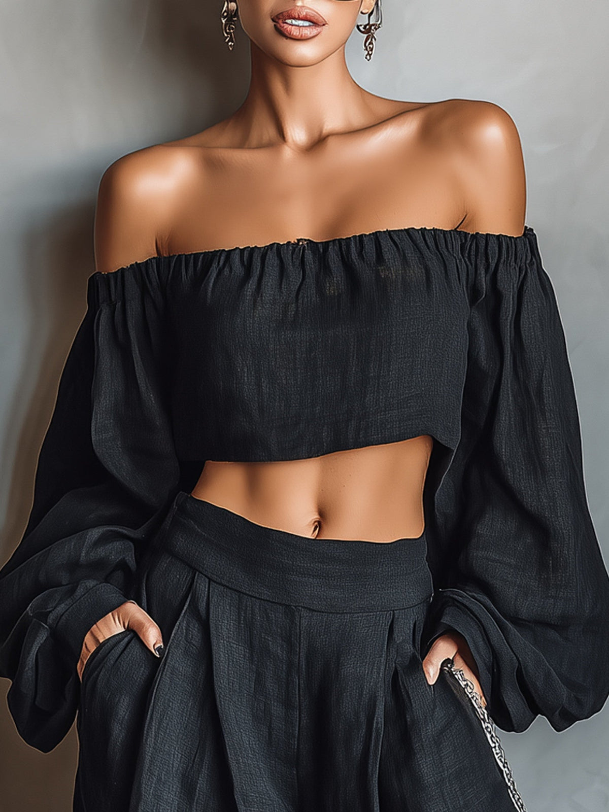 Linen-Blend Strapless-Style Top & Wide-Leg Pants Set