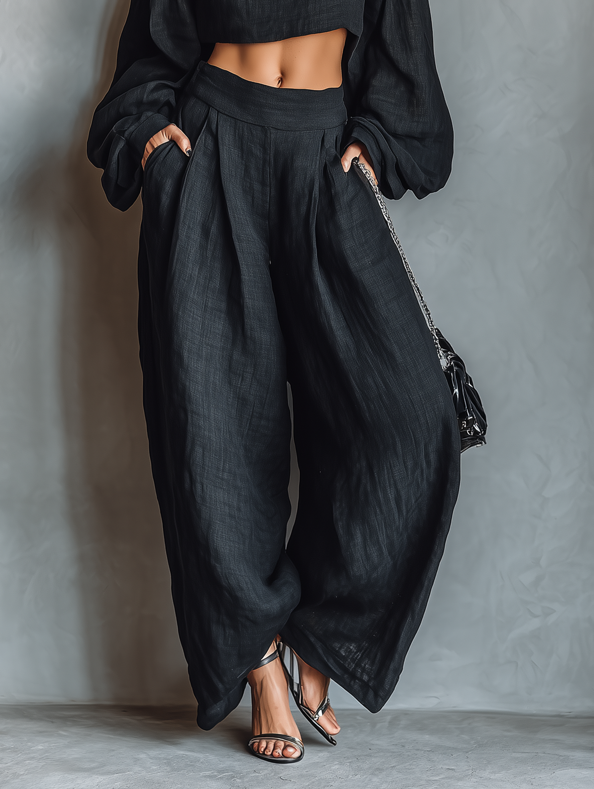 Linen-Blend Strapless-Style Top & Wide-Leg Pants Set