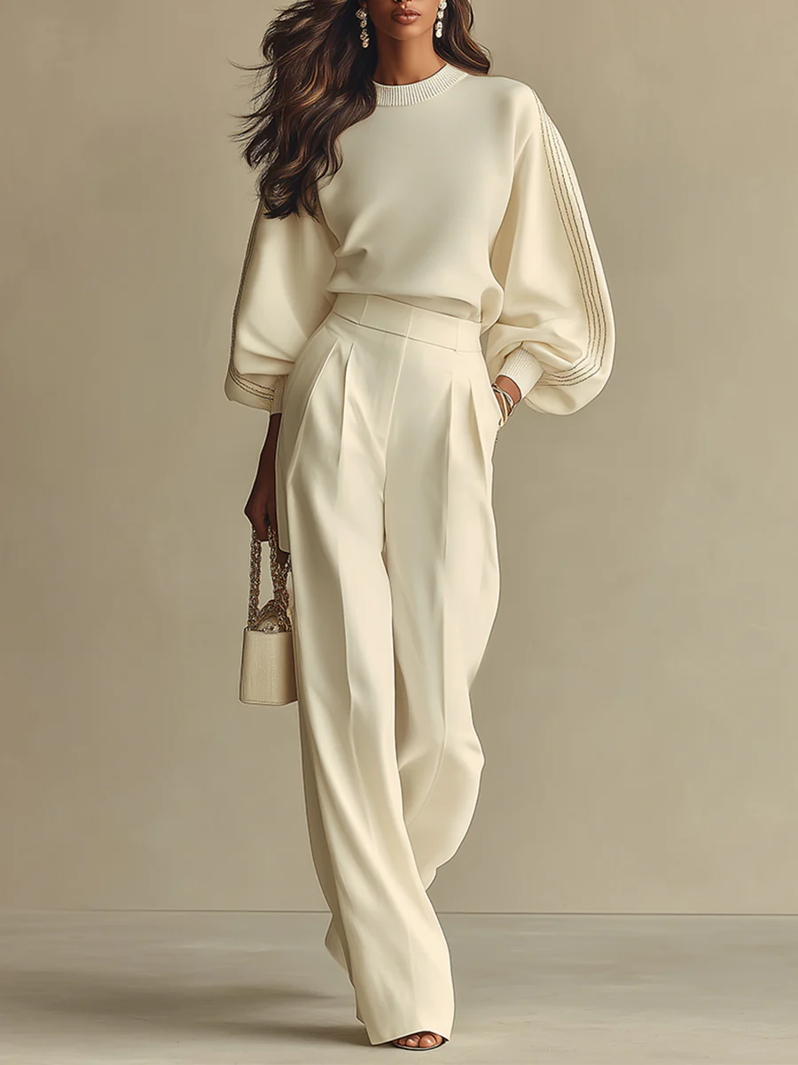 Ribbed Knit Top & High-Waist Wide-Leg Pants Set