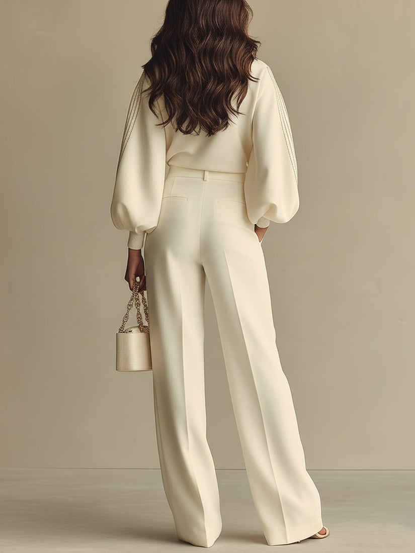 Ribbed Knit Top & High-Waist Wide-Leg Pants Set