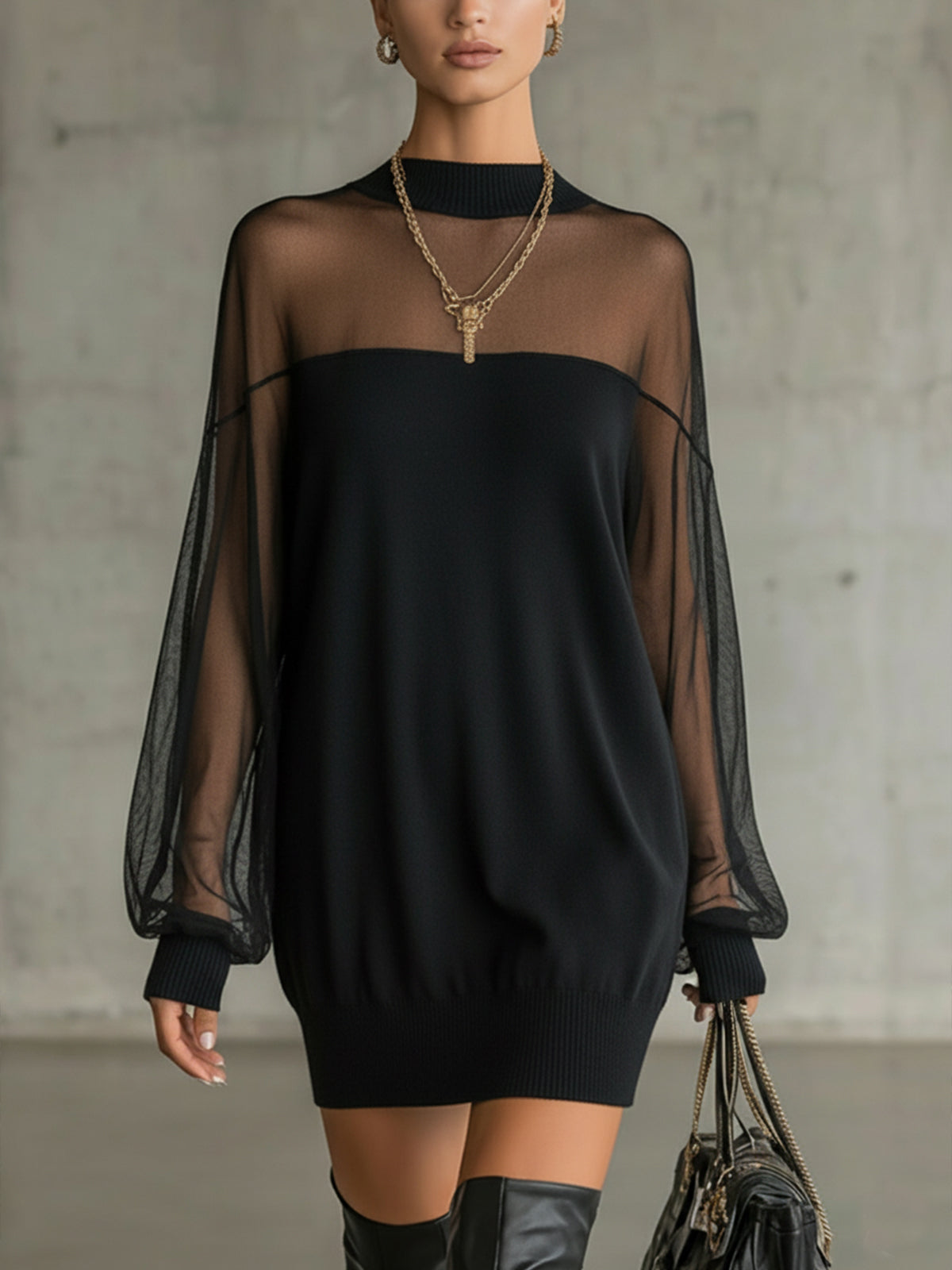 Black Mesh-Sleeve High-Neck Mini Dress