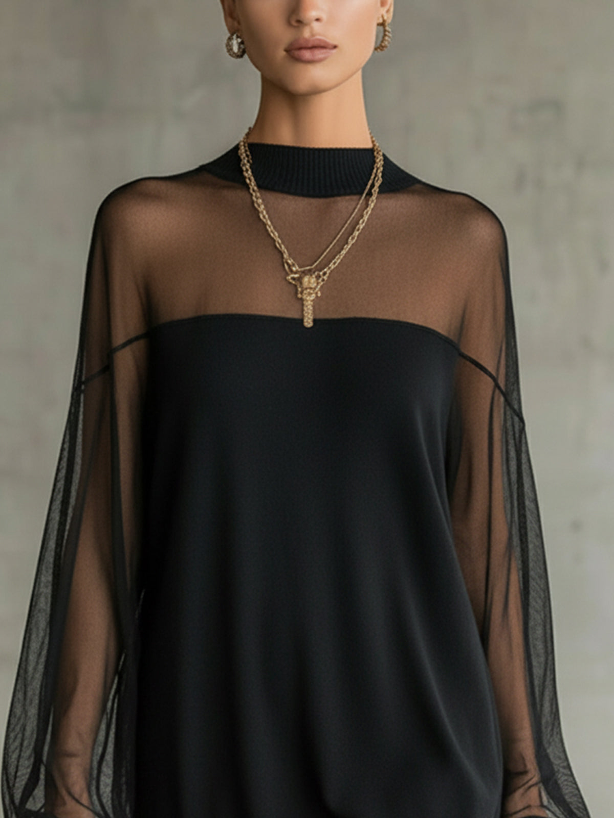 Black Mesh-Sleeve High-Neck Mini Dress