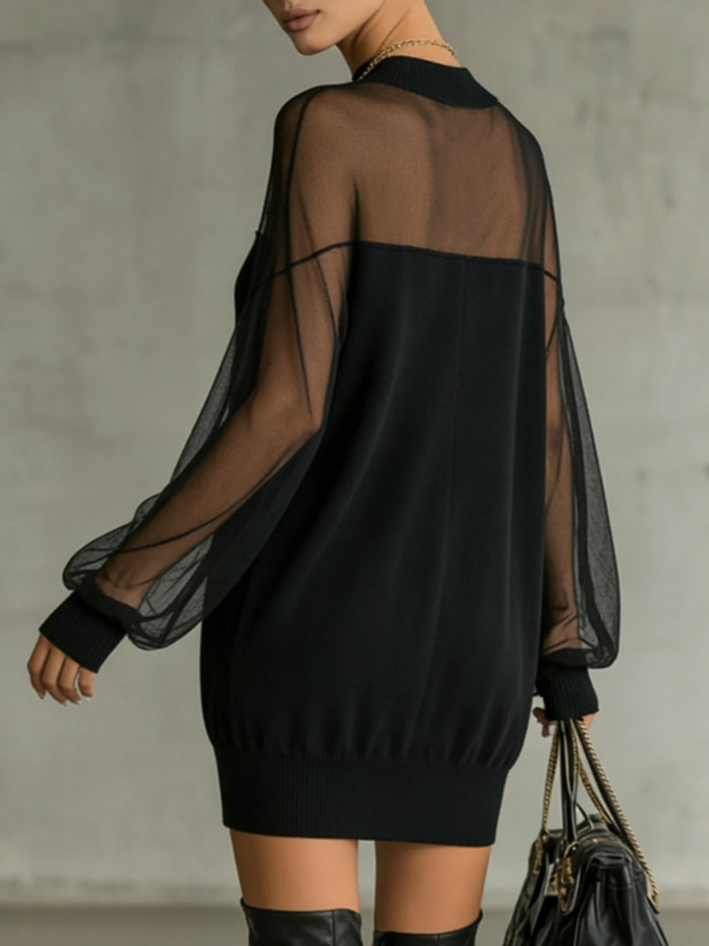 Black Mesh-Sleeve High-Neck Mini Dress