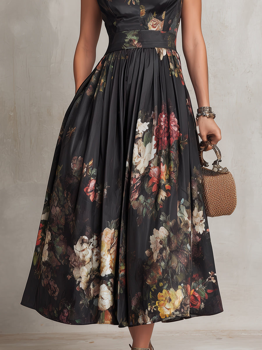Violetta | Black Midi Pleated Satin Dress with Floral Pattern