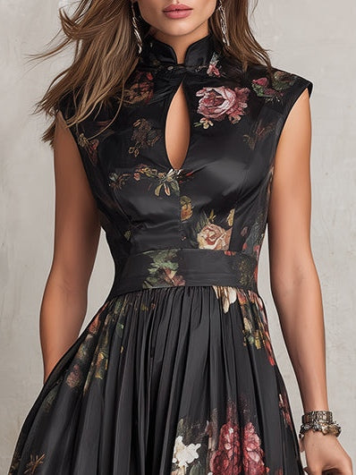 Violetta | Black Midi Pleated Satin Dress with Floral Pattern