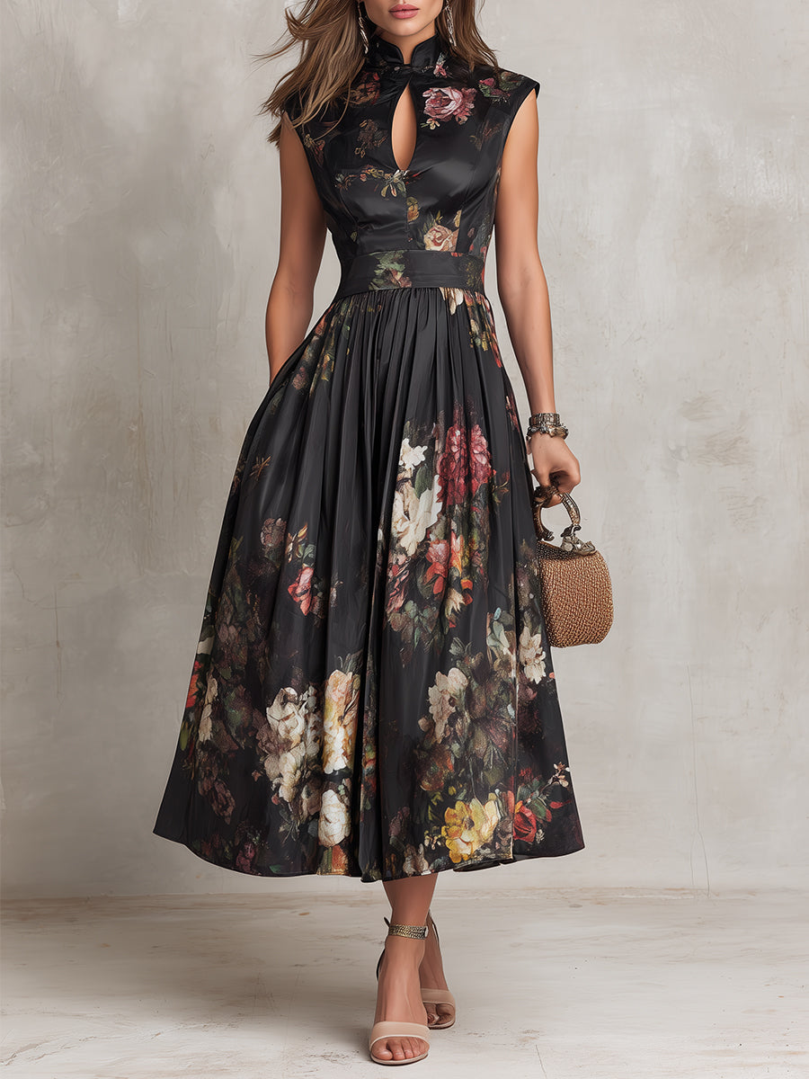 Violetta | Black Midi Pleated Satin Dress with Floral Pattern