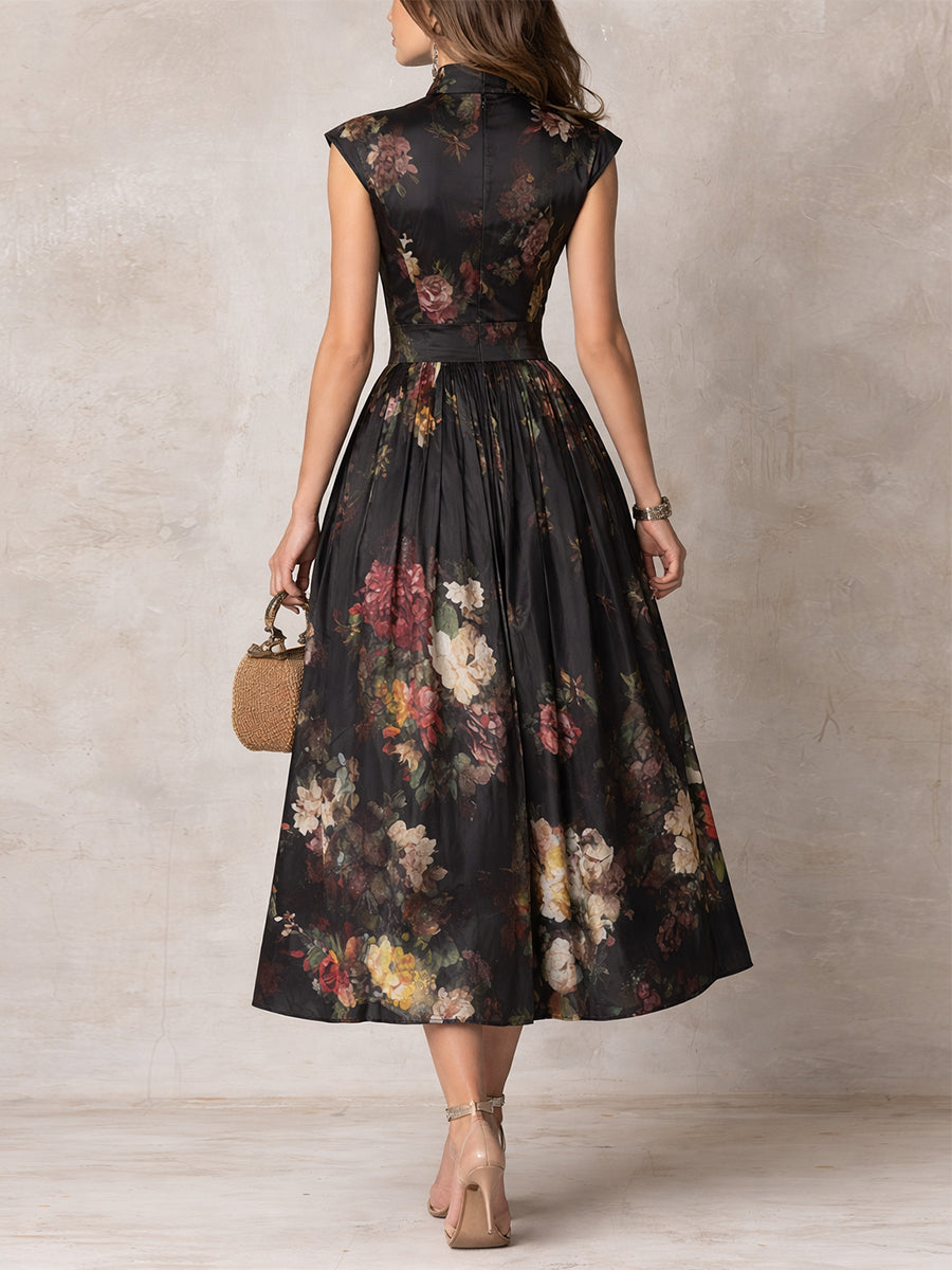 Violetta | Black Midi Pleated Satin Dress with Floral Pattern