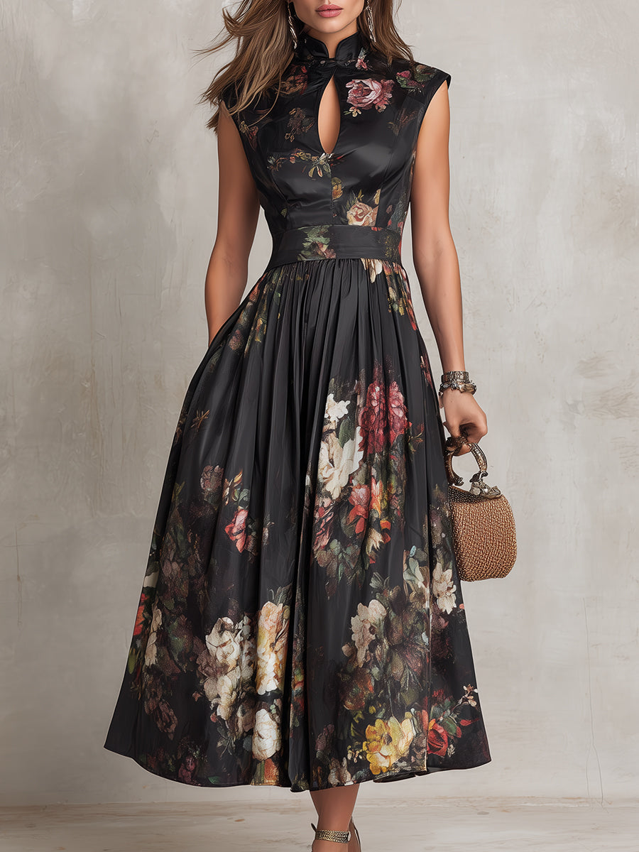 Violetta | Black Midi Pleated Satin Dress with Floral Pattern