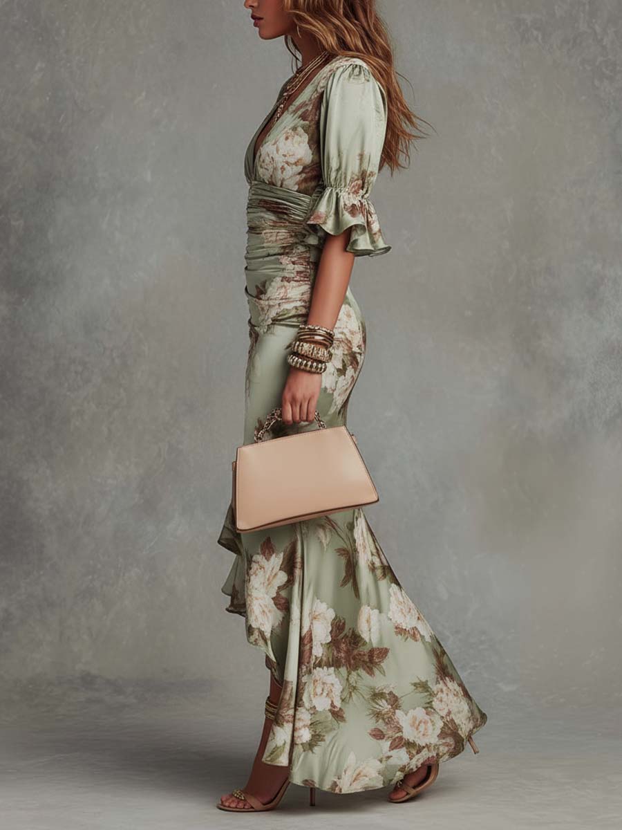 Ana | Long asymmetrical satin dress in green