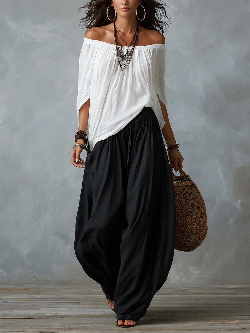 Off-Shoulder Top & Lantern Pants Set, Rayon Blend