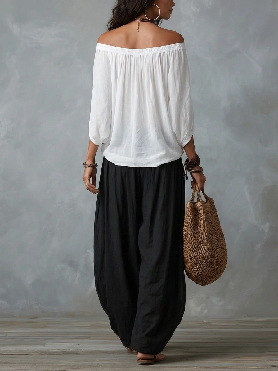 Off-Shoulder Top & Lantern Pants Set, Rayon Blend