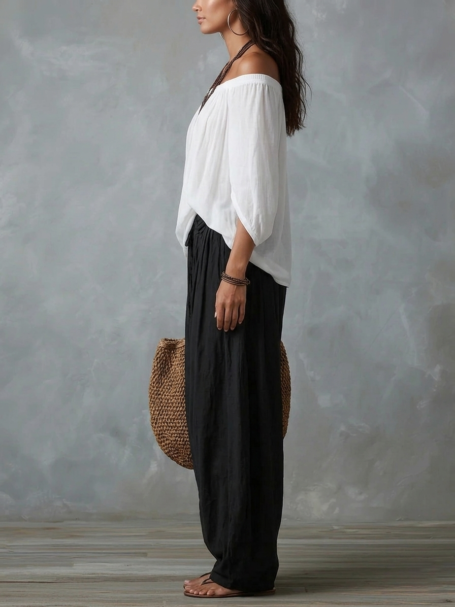 Off-Shoulder Top & Lantern Pants Set, Rayon Blend