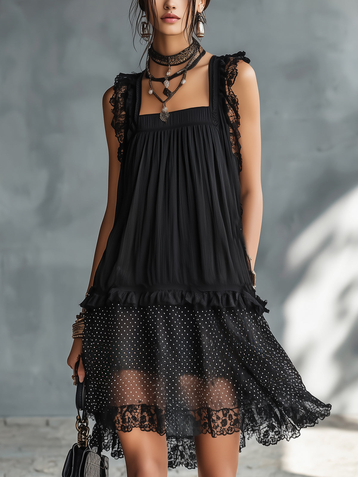 Pauline | Sheer polka dot mini dress with ruffles and lace