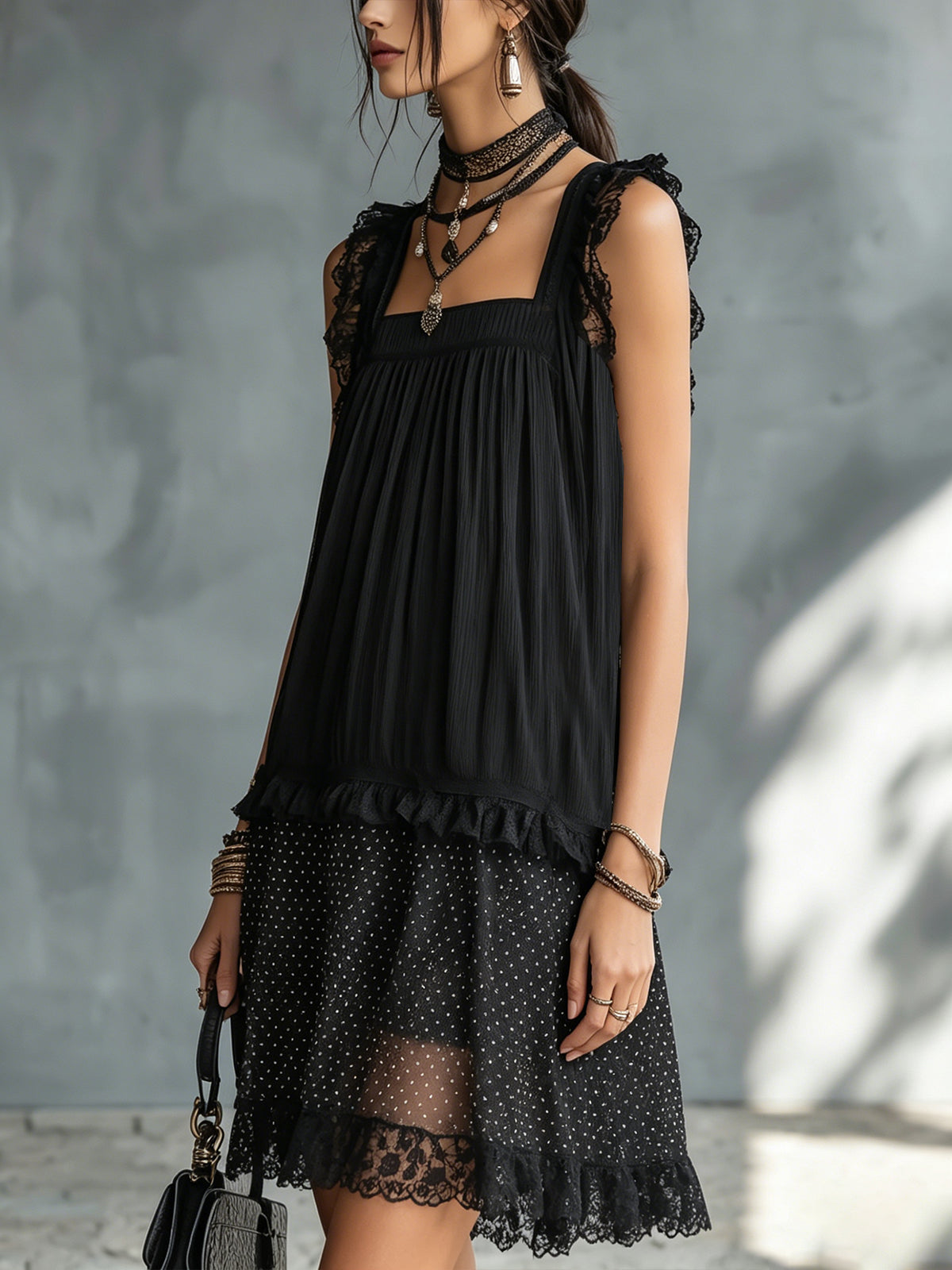 Pauline | Sheer polka dot mini dress with ruffles and lace