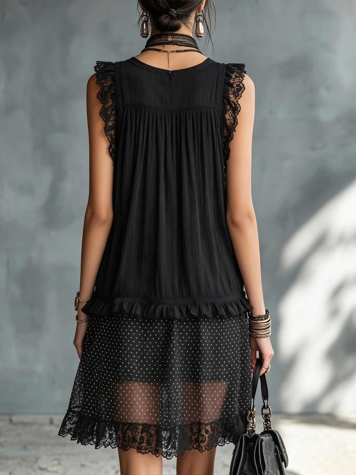 Pauline | Sheer polka dot mini dress with ruffles and lace