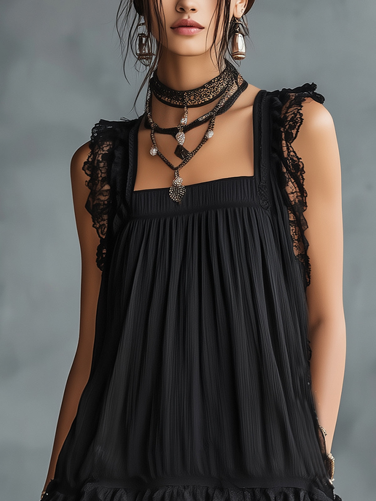 Pauline | Sheer polka dot mini dress with ruffles and lace