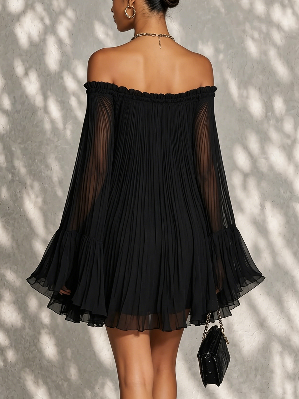 Océane | Black off-the-shoulder mini dress with bell sleeves