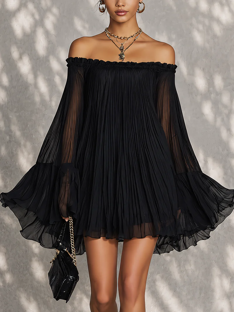 Océane | Black off-the-shoulder mini dress with bell sleeves