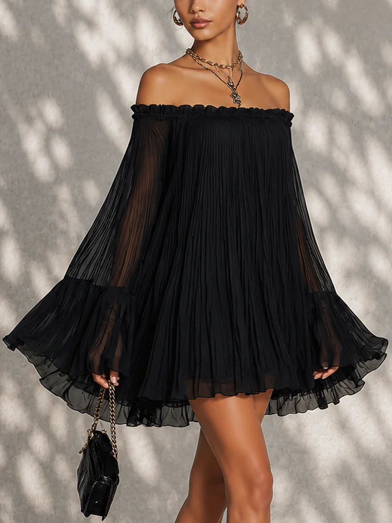 Océane | Black off-the-shoulder mini dress with bell sleeves