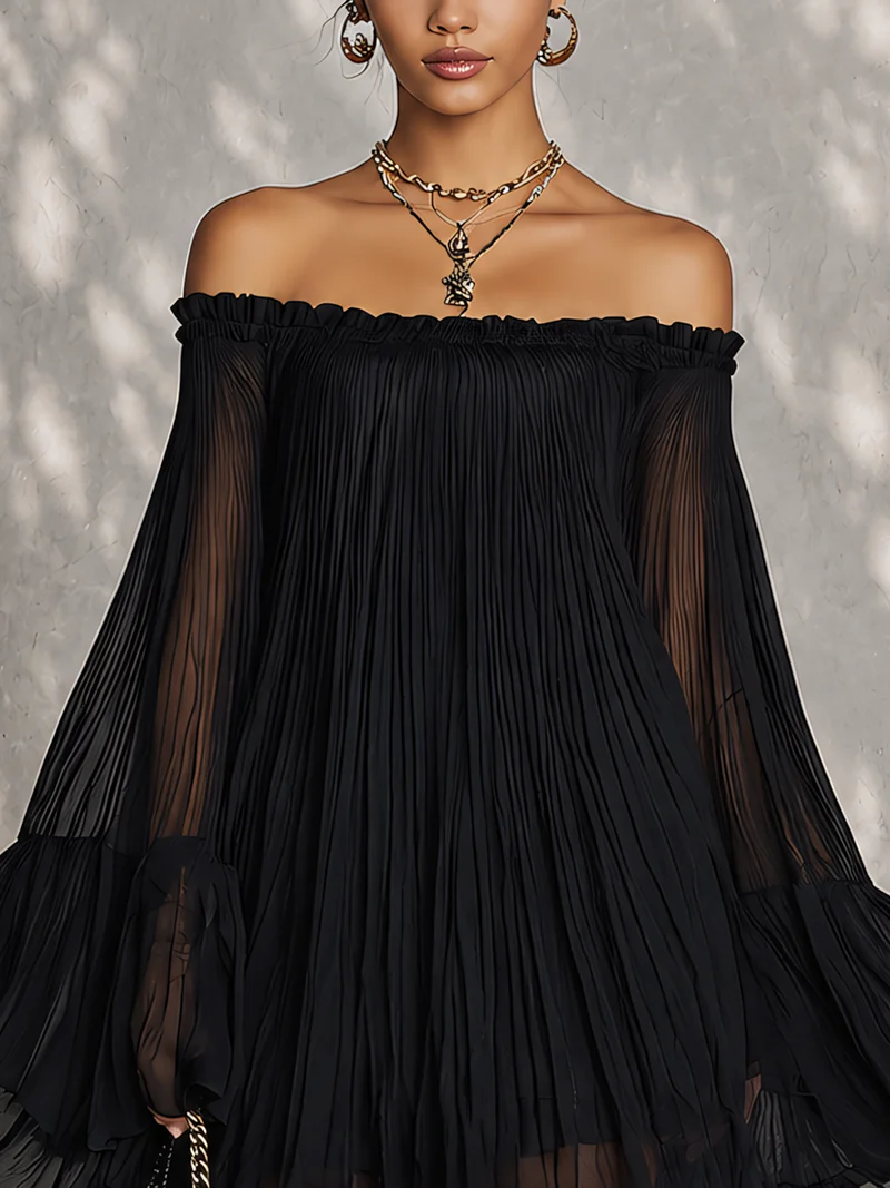 Océane | Black off-the-shoulder mini dress with bell sleeves
