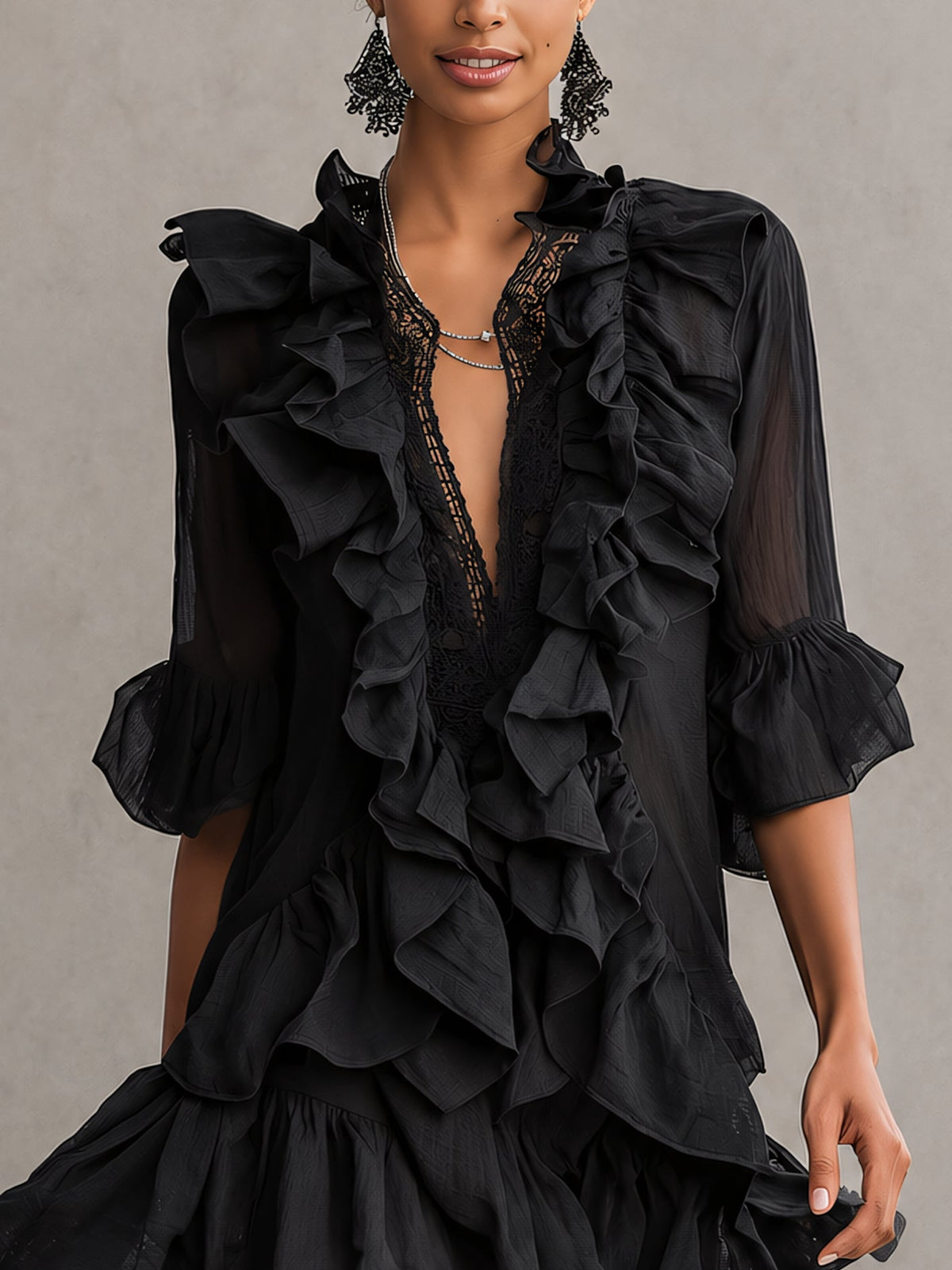 Anaïs | Black Chiffon Ruffle Lace Mini Dress