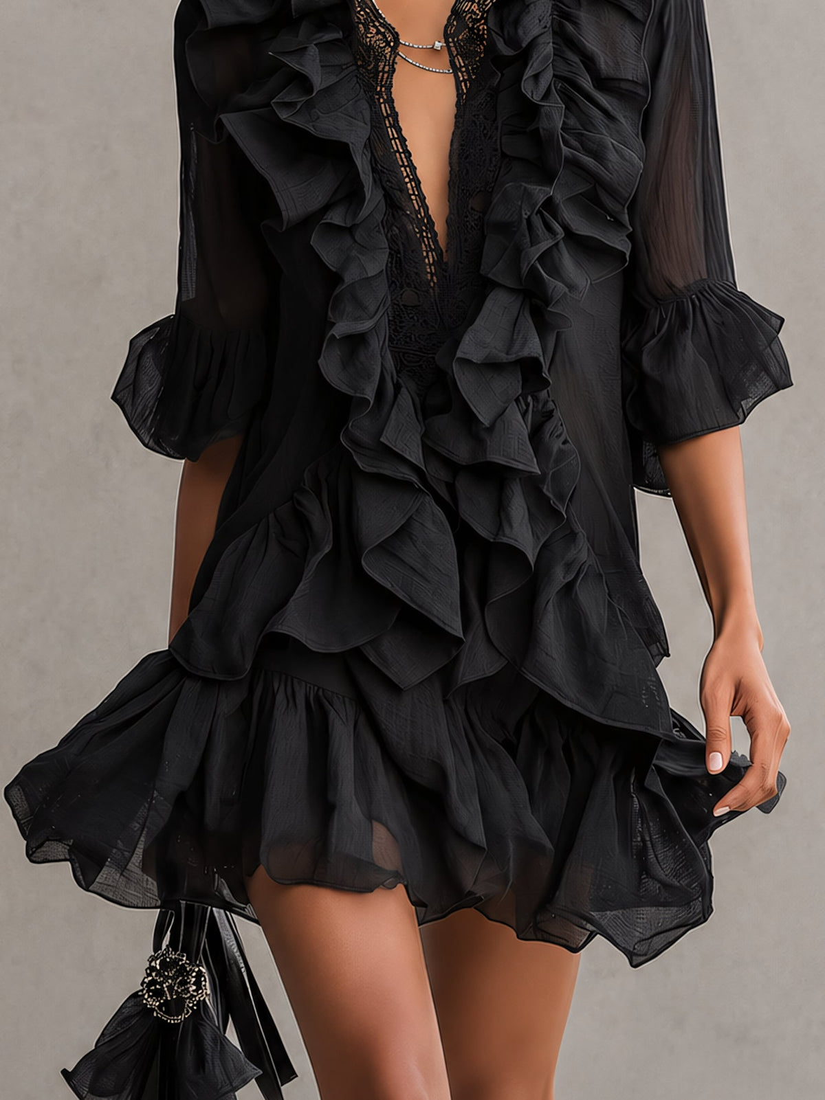 Anaïs | Black Chiffon Ruffle Lace Mini Dress