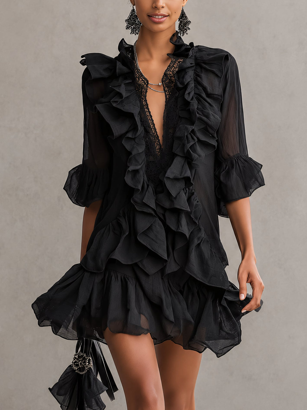 Anaïs | Black Chiffon Ruffle Lace Mini Dress