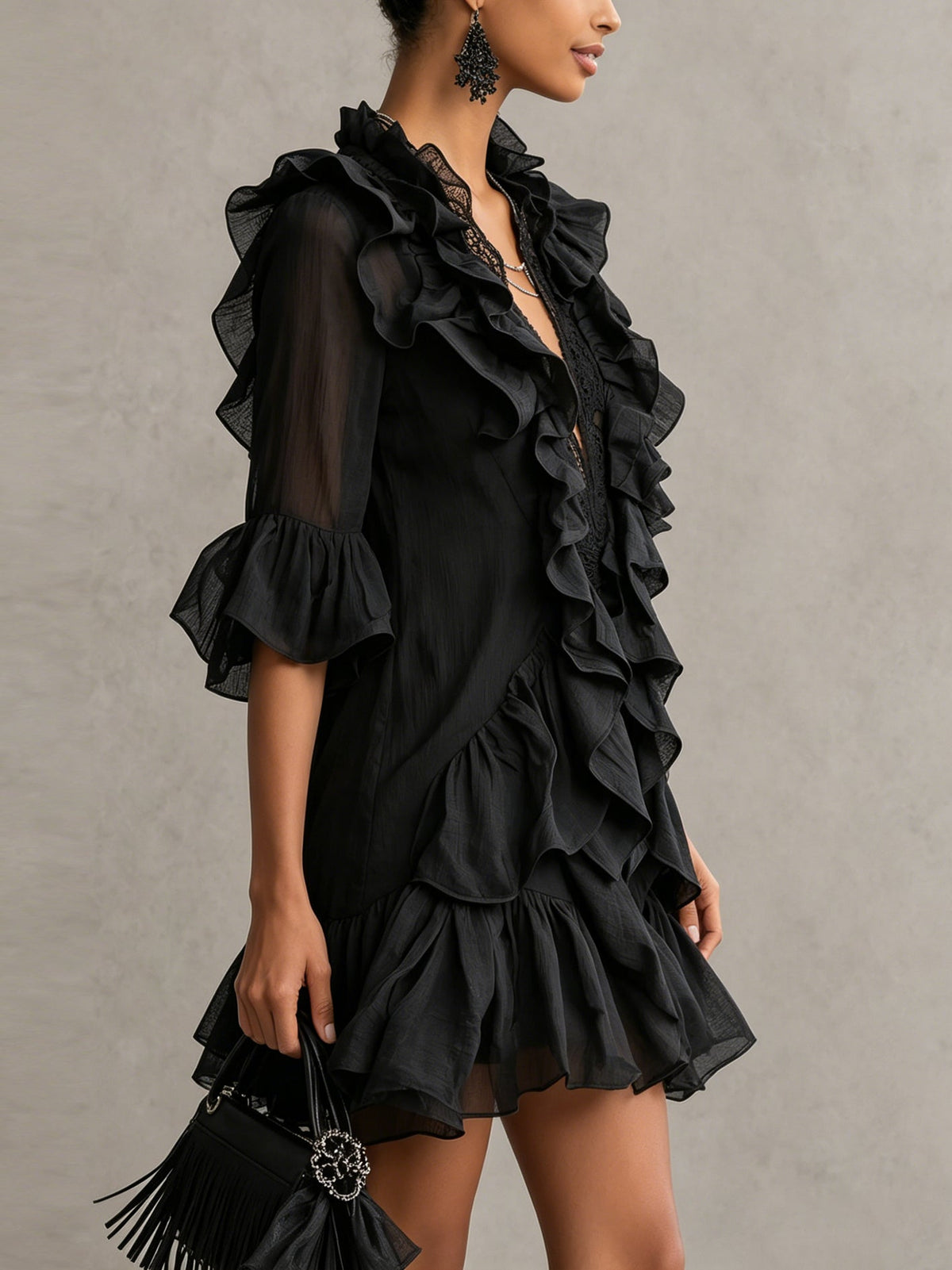 Anaïs | Black Chiffon Ruffle Lace Mini Dress