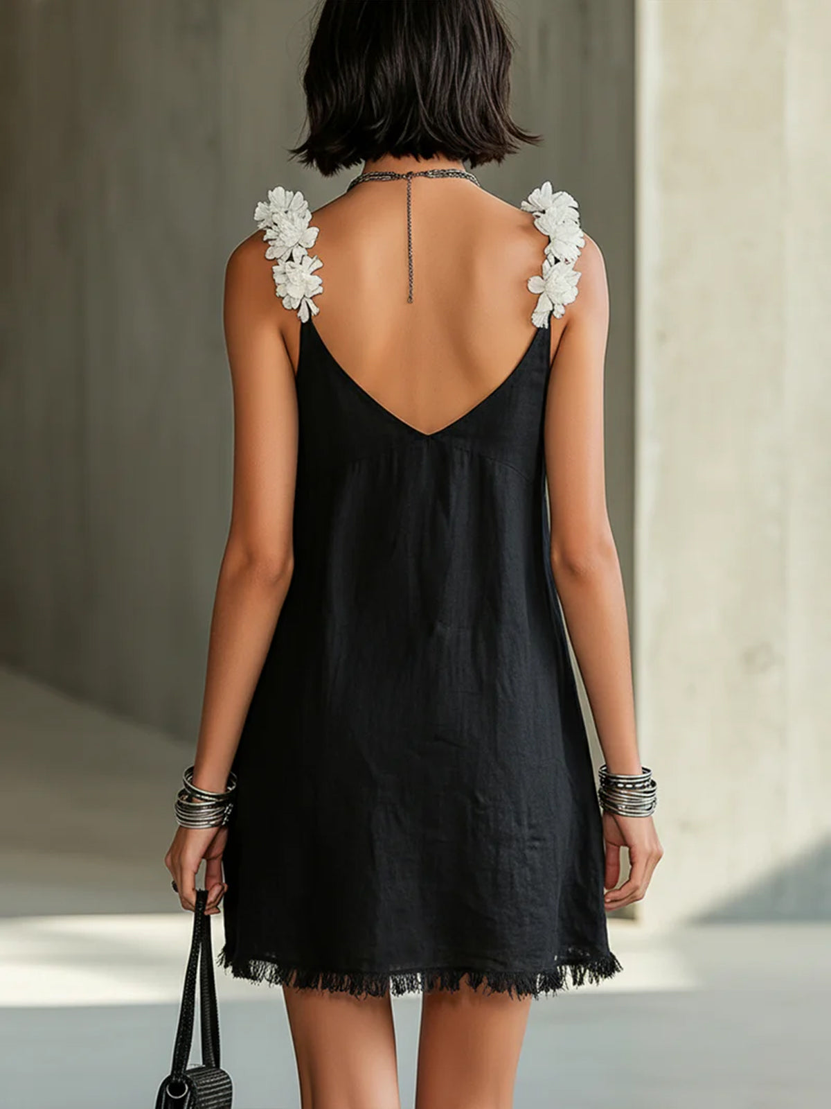 Noémie | Black V-neck mini dress with fringe