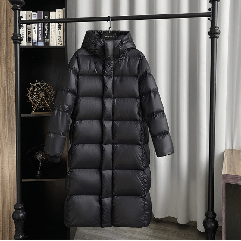 Women's Puffer Jacket with Down Filling and Longline Cut | Hood, Zip Closure, Pockets | For Winter | Size S-2XL | Black