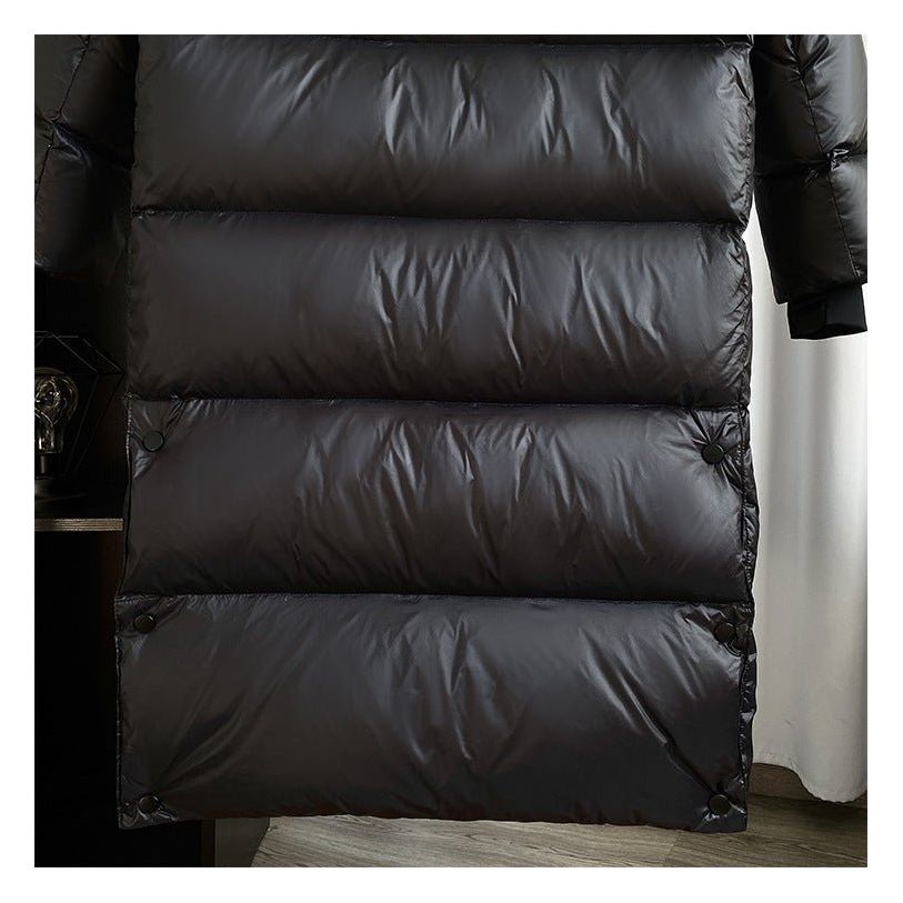 Women's Puffer Jacket with Down Filling and Longline Cut | Hood, Zip Closure, Pockets | For Winter | Size S-2XL | Black