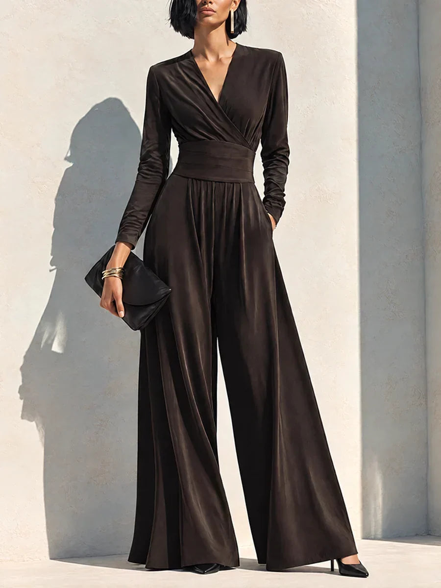 VALERIE | CHOCOLATE BROWN WRAP WIDE-LEG JUMPSUIT