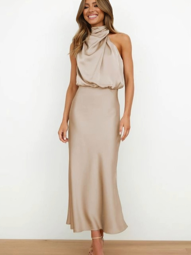 Women's Formal Wedding Guest Dress in Fluid Fabric | High Neck with Soft Sheen, Easy Movement | Size S-5XL, 9 Colors