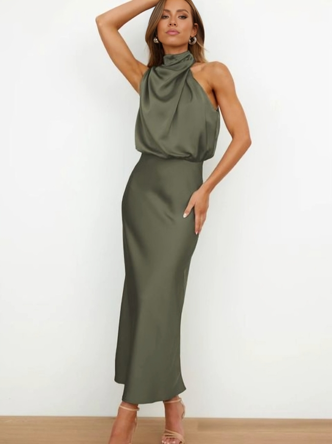 Women's Formal Wedding Guest Dress in Fluid Fabric | High Neck with Soft Sheen, Easy Movement | Size S-5XL, 9 Colors