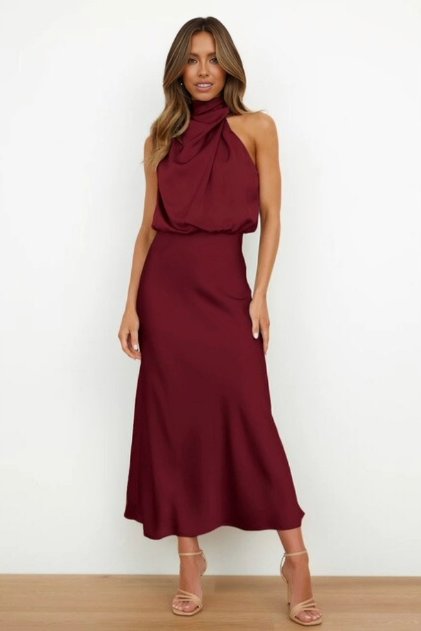 Women's Formal Wedding Guest Dress in Fluid Fabric | High Neck with Soft Sheen, Easy Movement | Size S-5XL, 9 Colors
